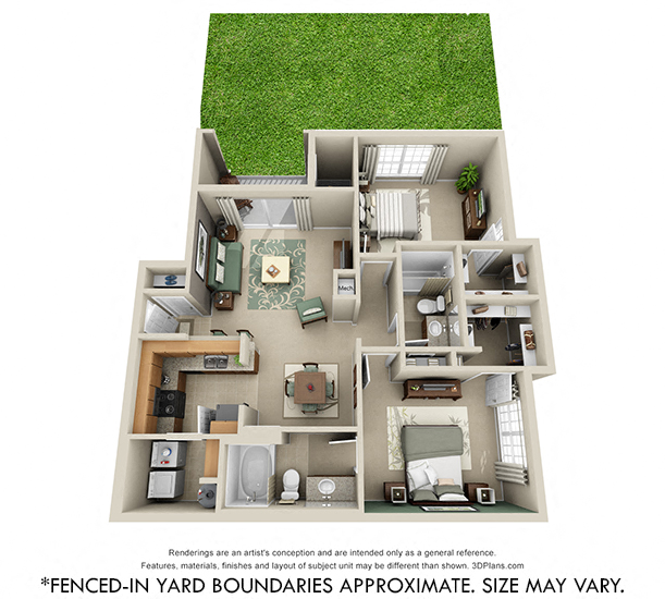 Floor plan for 2 beds, 2 baths, 1062 sqft